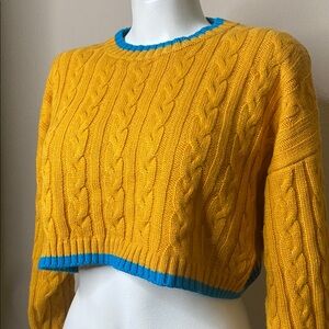 Nasty Gal Mustard cropped Cable Knit Sweater with Teal Accents S